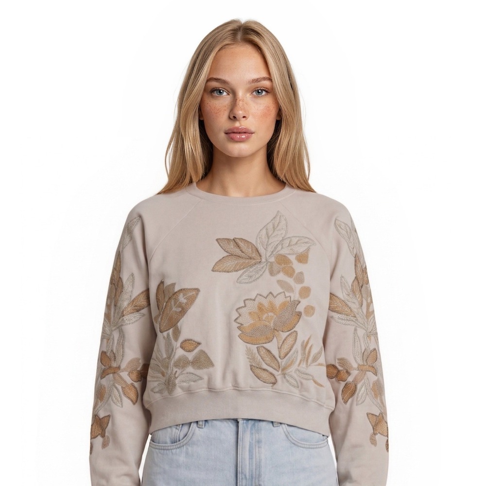 Anthropologie Top 100% Cotton Womens Size XS Cream Embroidered Leaves Sweatshirt